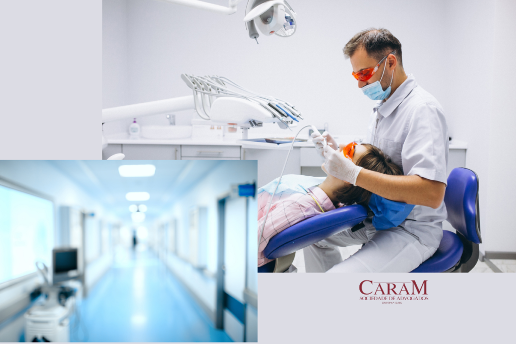Foto de um dentista trabalhando no consultório e uma foto de corredor do hospital para a matéria Equivalência entre Serviços Odontológicos e Serviços Hospitalares para Fins de Tributação do IRPJ e da CSLL